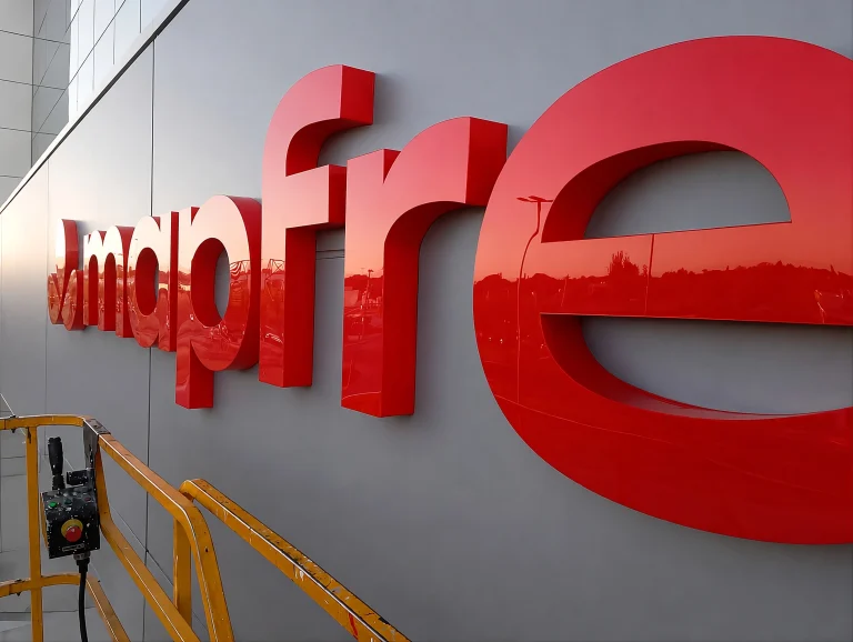 Logo corpóreo iluminado Mapfre instalado en oficina corporativa , Córdoba, Argentina